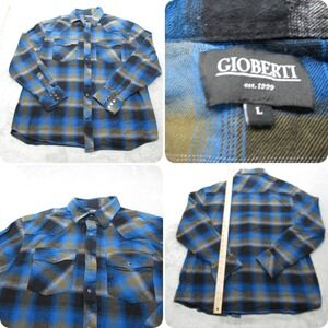 Gioberti Pearl Snap Shirt Mens Large Blue Plaid Flannel Pockets Long‎ Sleeve
